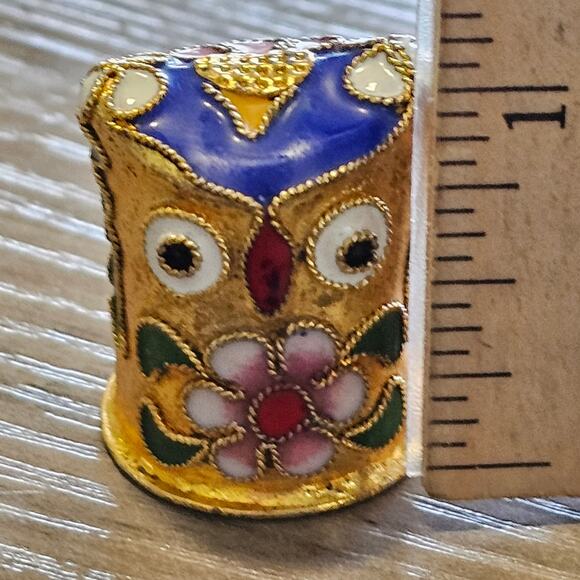 Vintage Cloisonne Gold Owl Thimble with Floral Design - Picture 7 of 8